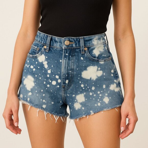 Re/Done 70s High Rise Splash Denim Shorts NWT Size 25 Bleach Distressed Cutoff - Picture 1 of 5